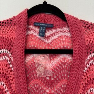 New Isaac Mizrahi Live! Coral Pink Chevron Fringe Open Knit Long Cardigan Medium